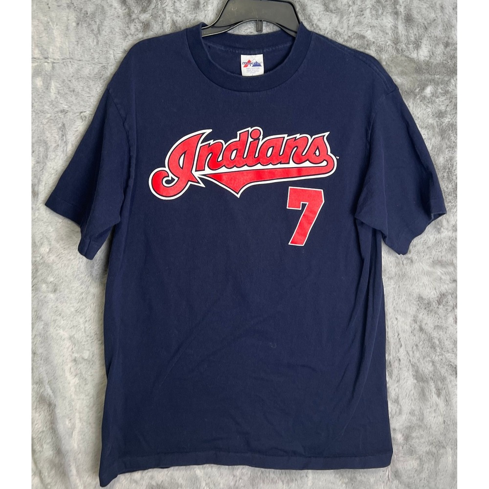 Majestic Cleveland Indians Kenny Lofton #7 Vintage Navy Blue‎ T-Shirt Mens L USA